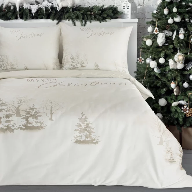 Pościel świąteczna 140x200 cm komplet 2 częściowy kolor beżowy, biały z subtelnym nadrukiem SNOWFLAKE