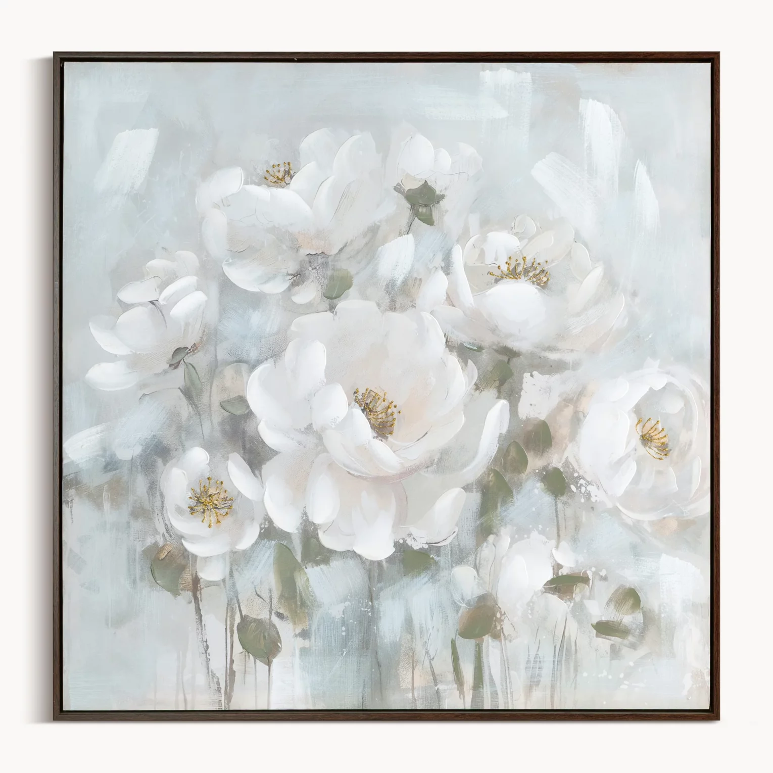 Obraz kremowo, błękitny ręcznie malowany w bukiet subtelnych kwiatów na płótnie 80x80 cm