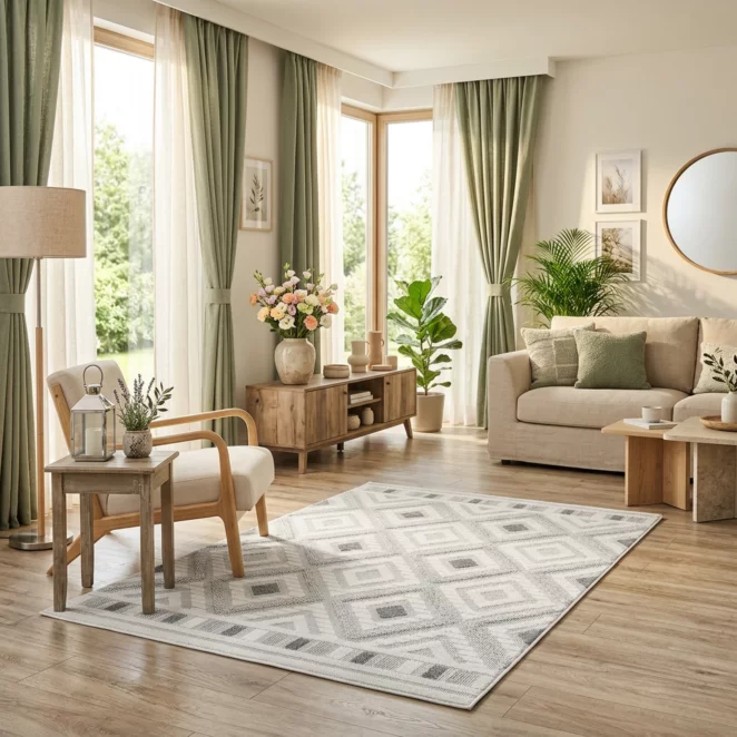 Dywan 50x80 cm beżowy zdobiony przestrzennym wzorem  geometrycznym DIDAR3