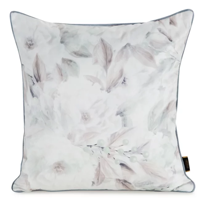 Poszewka na poduszkę 45x45 cm welwetowa, biało beżowa z nadrukiem pastelowych kwiatów VELVET 155 Eurofirany Premium