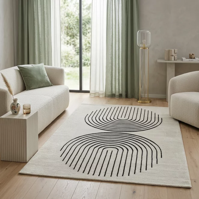 Dywan 60x100 cm kremowo, czarny zdobiony geometrycznym wzorem AURRA1