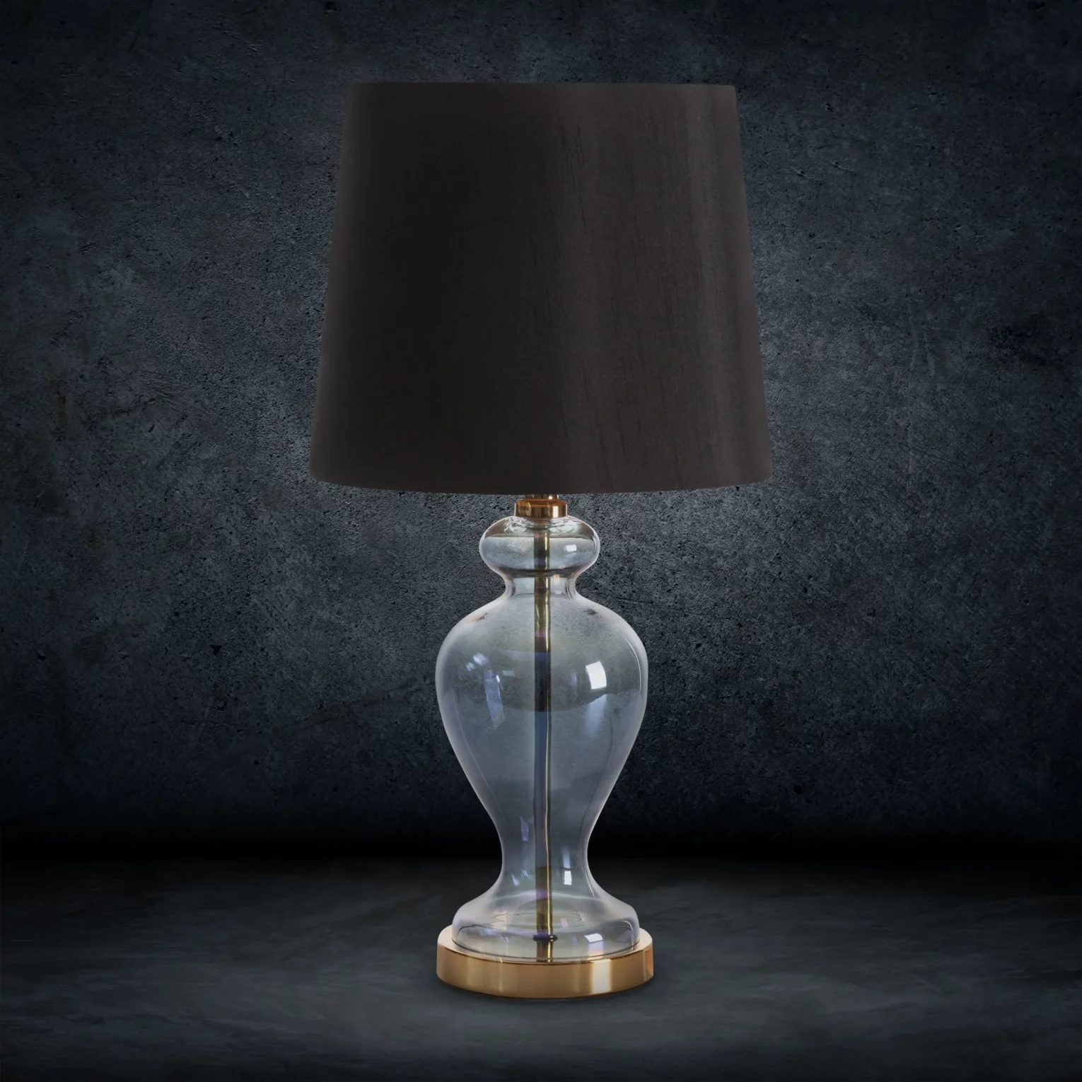 Lampa stołowa do pokoju czarno, złota na podstawie z przezroczystego szkła z abażurem z matowej tkaniny 27x61 cm EMILIO