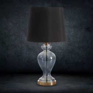 Lampa stołowa do pokoju czarno, złota na podstawie z przezroczystego szkła z abażurem z matowej tkaniny 27x61 cm EMILIO