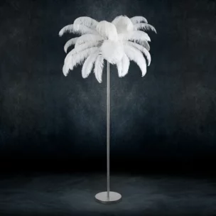 Lampa stojąca do salonu srebrno, biała na metalowej podstawie z efektownym abażurem z naturalnych strusich piór 95 x 95 x 180 cm FERI