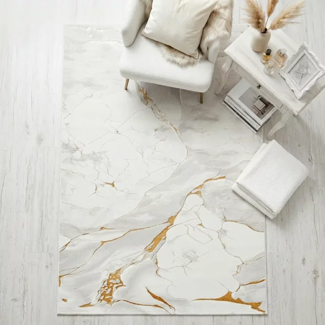 Dywan 60x100 cm jasnoszary, złoty zdobiony eleganckim marmurkiem SAFIR3