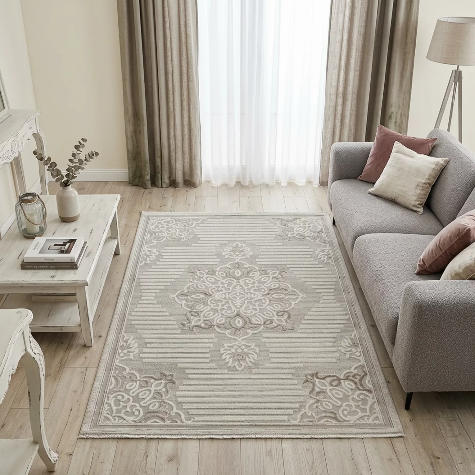 Dywan 80x150 cm beżowo, kremowy z ornamentowym wzorem CRYSTAL6
