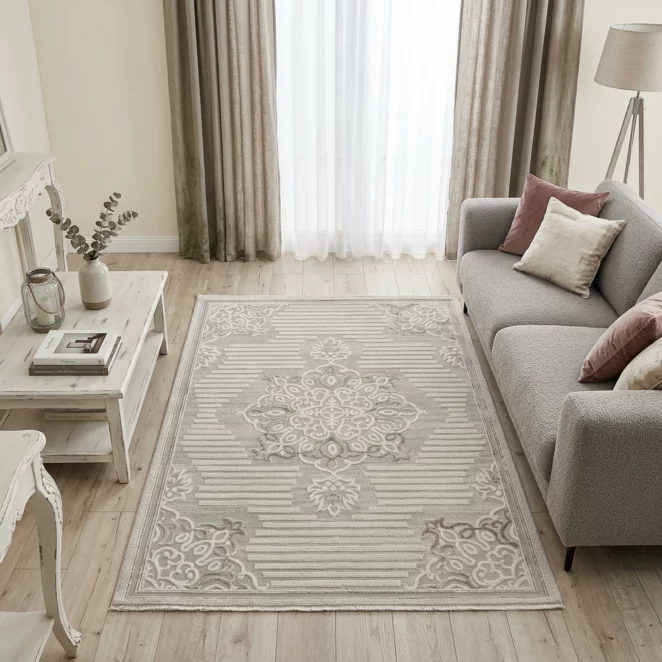 Dywan 60x100 cm beżowo, kremowy z ornamentowym wzorem CRYSTAL6