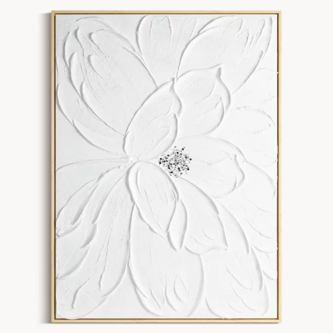 Obraz biały ręcznie malowany trójwymiarowy kwiat zdobiony kryształkami 60x90 cm