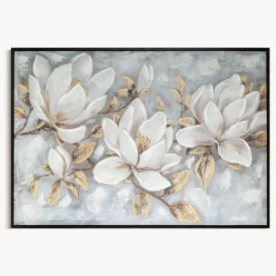 Obraz kremowo, beżowy ręcznie malowane magnolie na płótnie z błyszczącymi akcentami 100x70 cm