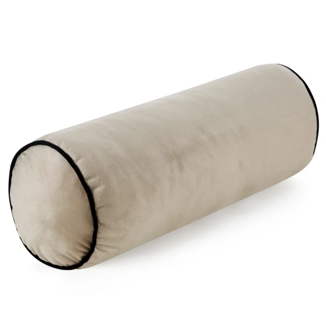 Poduszka dekoracyjna wałek 15 x 45 cm welwetowa beżowa zdobiony kontrastującą lamówką GAJA