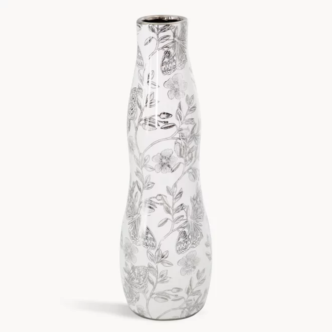 Wazon dekoracyjny biało, srebrny zdobiony roślinnym wzorem 11x35 cm RITA