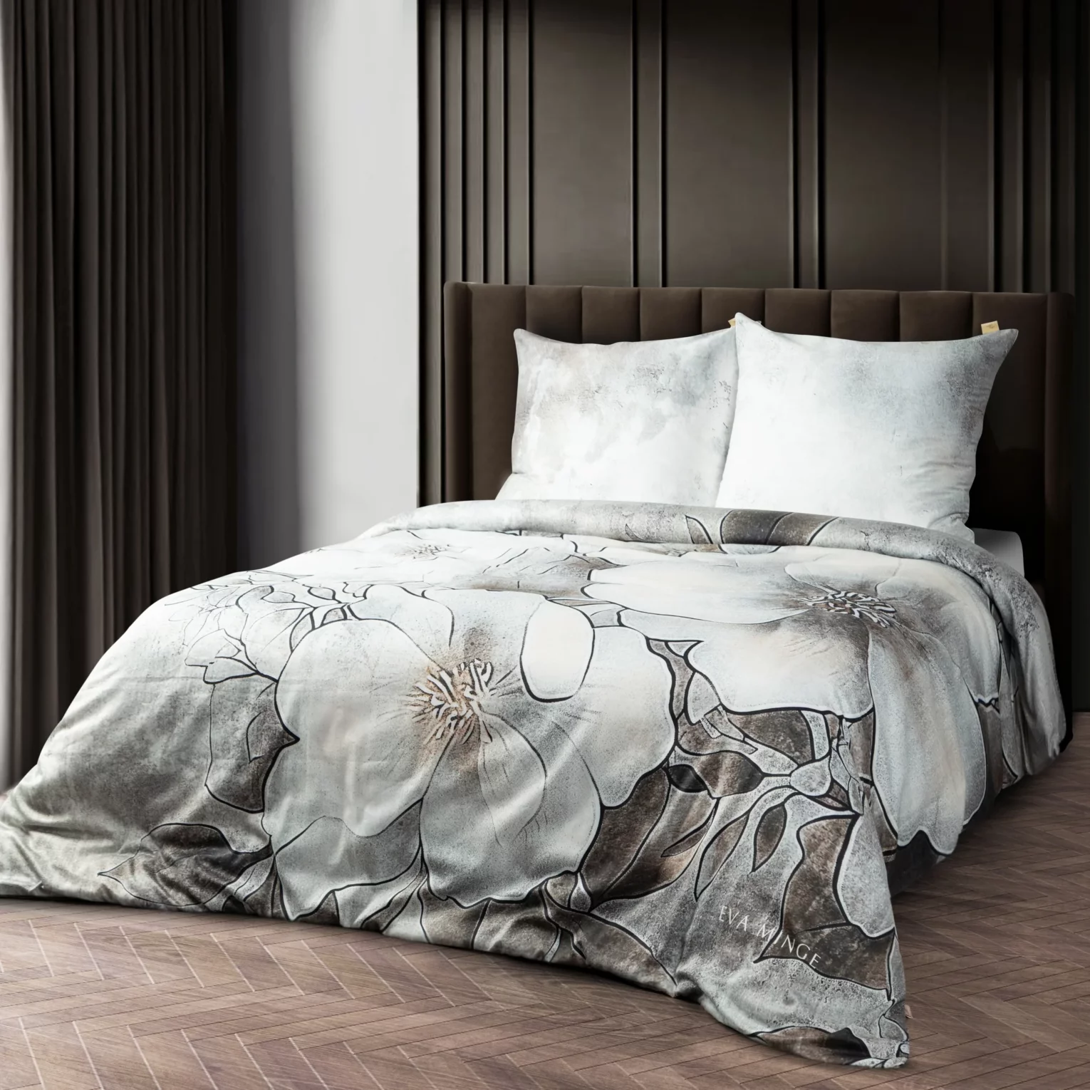 Pościel bawełniana z makosatyny 220x200 cm komplet 3 częściowy  kolor szarobeżowy, beżowy z wzorem designerskim DAISY Eva Minge