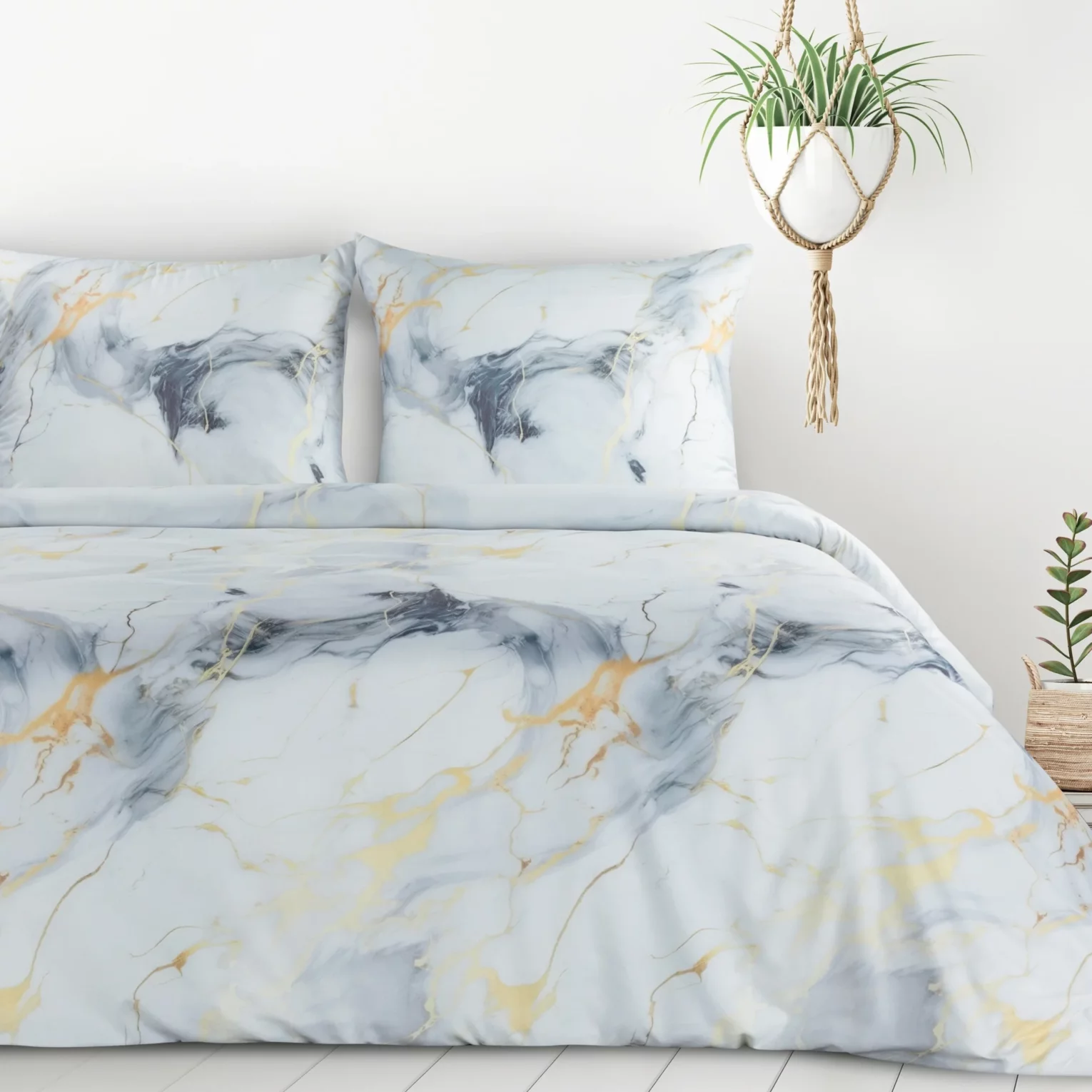 Pościel 160x200 cm komplet 3 częściowy kolor biały, stalowy z motywem marmurku VERANO 12 Design 91