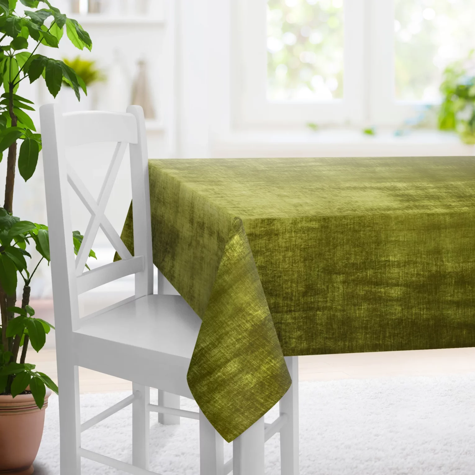 Obrus na wymiar SAFARI 1 oliwkowy z miękkiej welwetowej tkaniny z połyskiem i poziomym prążkiem