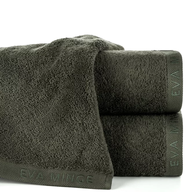 Ręcznik do rąk 30x50 cm bawełniany kolor ciemnooliwkowy z haftowanym logiem Eva Minge 550 g/m2 VENUS