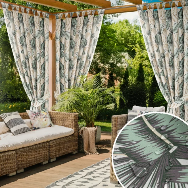 Zasłona beżowo, zielona z wodoodpornej tkaniny idealna do ogrodu i na taras 155x240 cm szelki/rzep - GARDEN