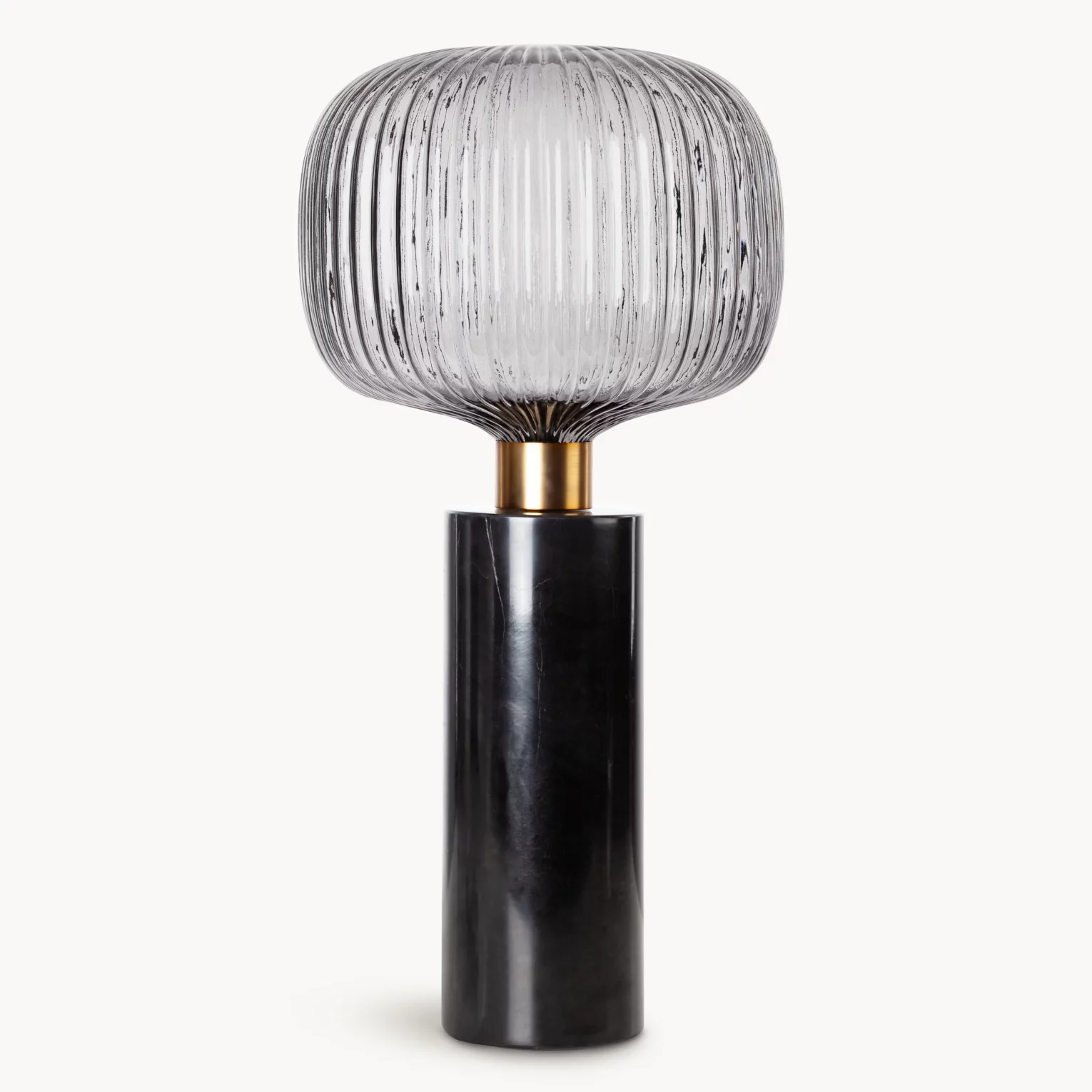 Lampa stołowa do salonu czarno, grafitowa LUKA o marmurowej podstawie i szklanym tłoczonym kloszem
