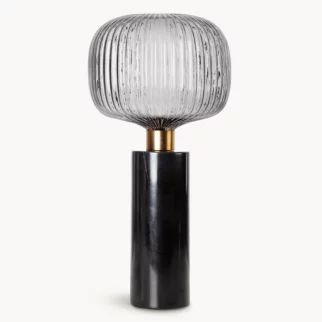 Lampa stołowa do salonu czarno, grafitowa LUKA o marmurowej podstawie i szklanym tłoczonym kloszem
