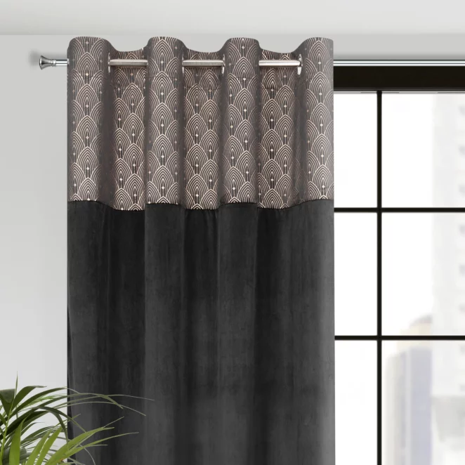 Zasłona czarna z aplikacją z błyszczącego welwetu 140x250 cm przelotka - AGNES - Design 91