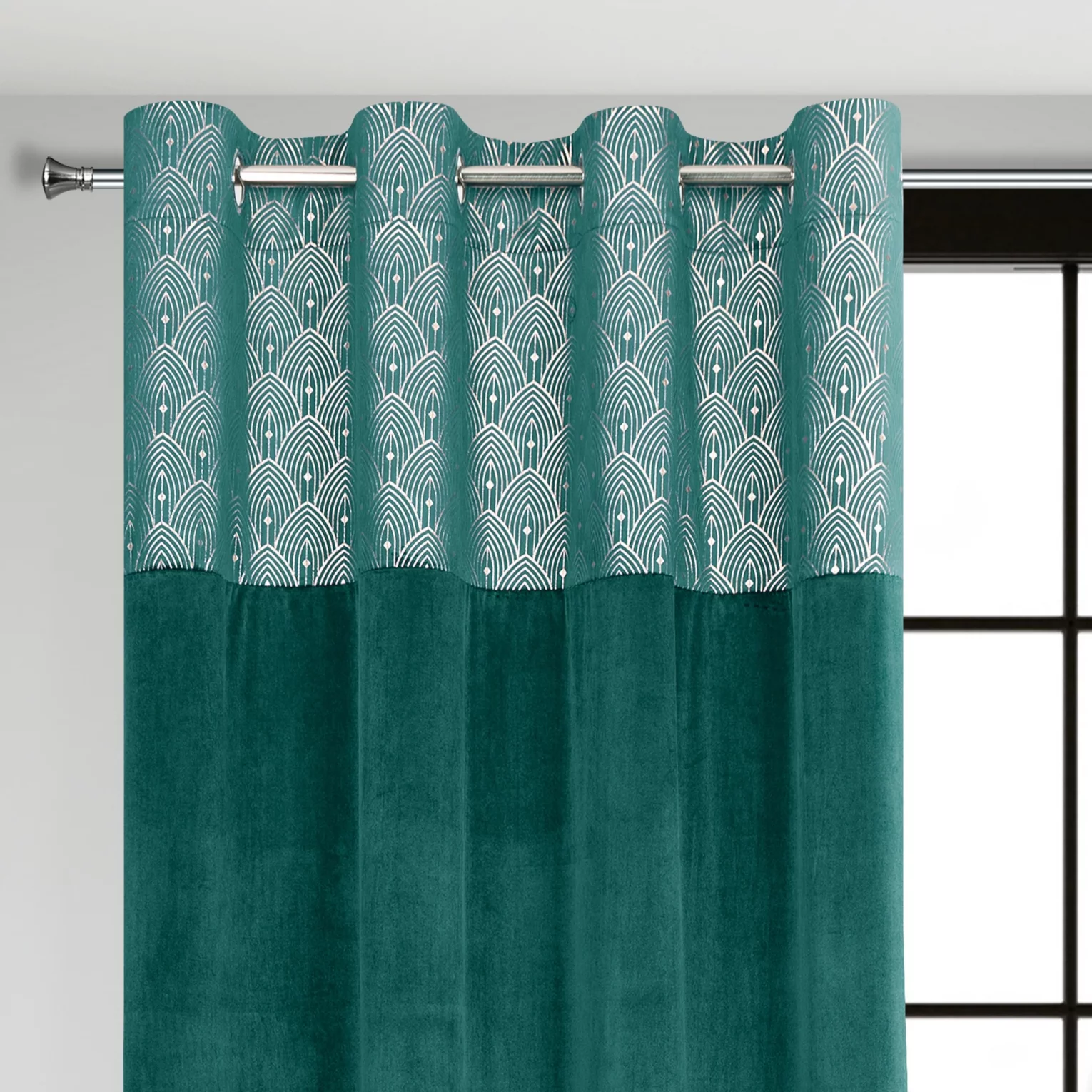 Zasłona turkusowa z aplikacją z błyszczącego welwetu 140x250 cm przelotka - AGNES - Design 91