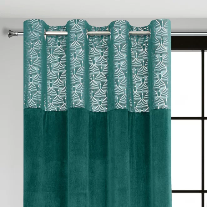 Zasłona turkusowa z aplikacją z błyszczącego welwetu 140x250 cm przelotka - AGNES - Design 91