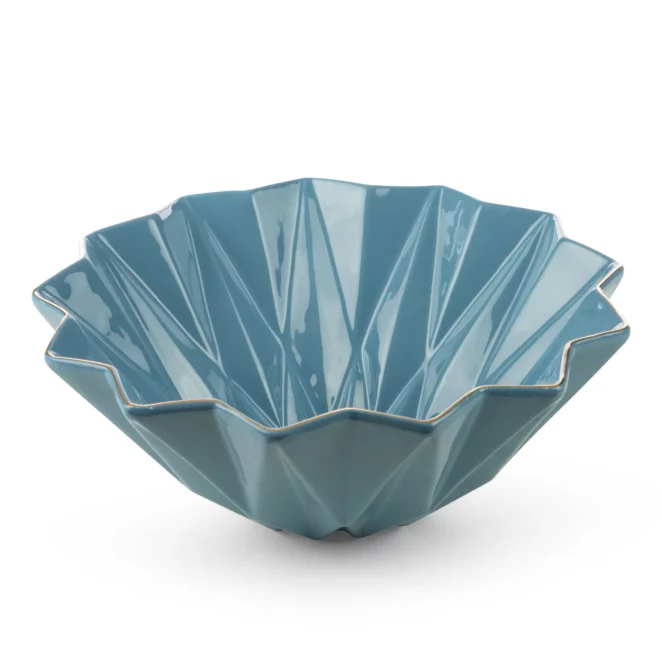 Patera ceramiczna dekoracyjna niebiesko-złota z geometrycznymi wytłoczeniami średnica 28x11 cm ALANI