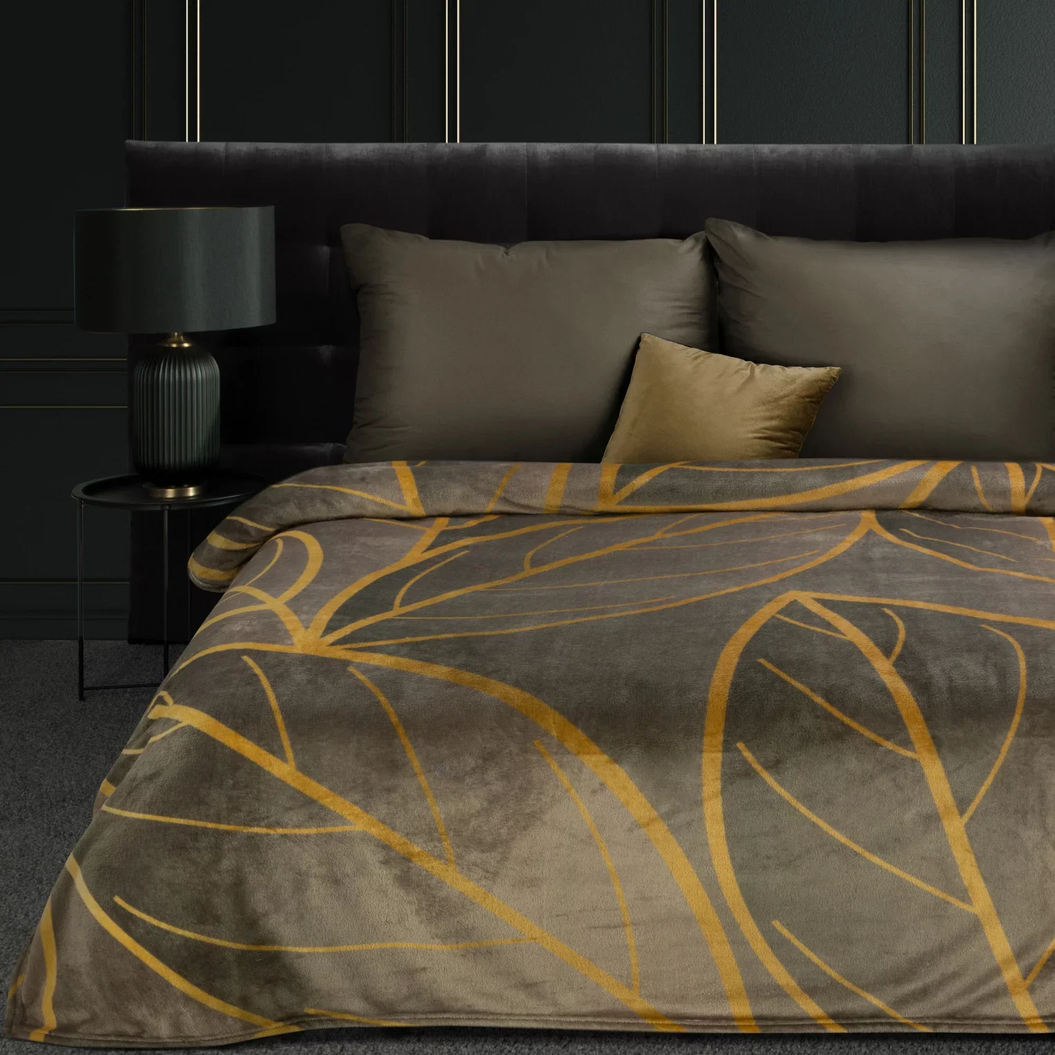 Koc 150x200 cm brązowo, beżowy zdobiony motywem dużych liści ALISMA 2 Limited collection