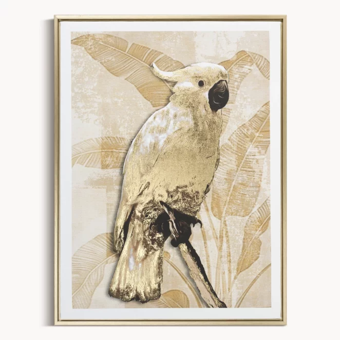 Obraz beżowo, złoty nadruk na płótnie papuga z błyszczącymi akcentami 45x60 cm