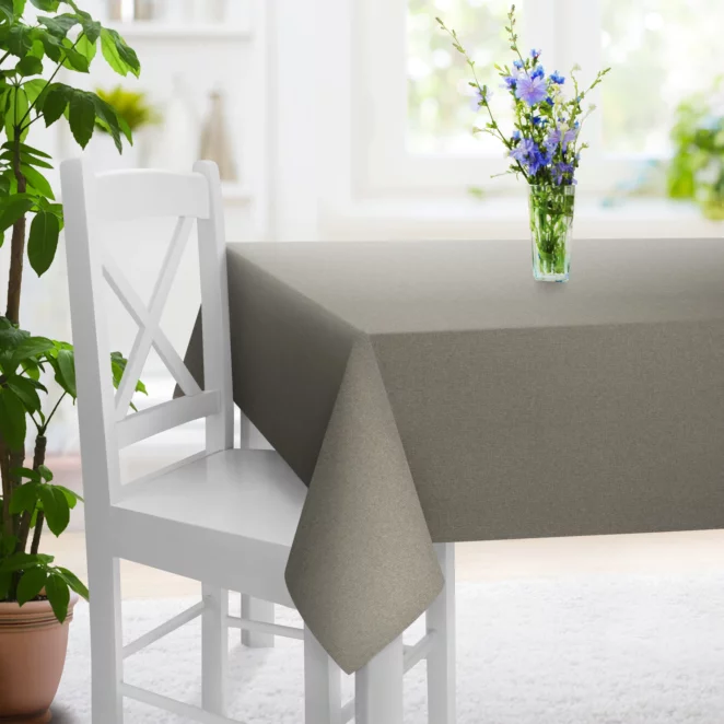 Obrus na wymiar jasnostalowy z tkaniny o naturalnym splocie w stylu eko