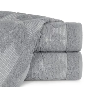 Ręcznik do rąk 30x50 cm bawełniany kolor stalowy z wytłaczaną bordiurą w kwiaty 500 g/m2 ROSE