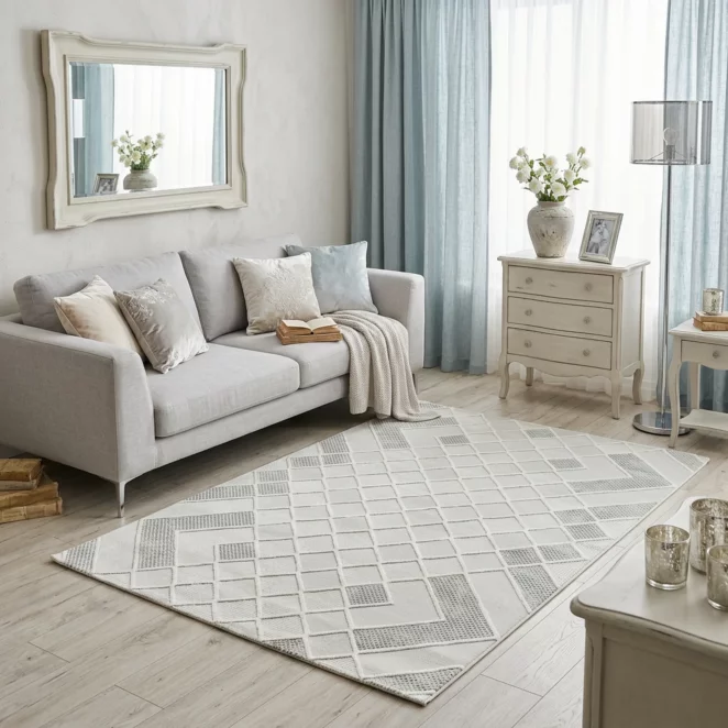 Dywan 60x100 cm kremowo, niebieski zdobiony geometryczną mozaiką CRYSTAL5