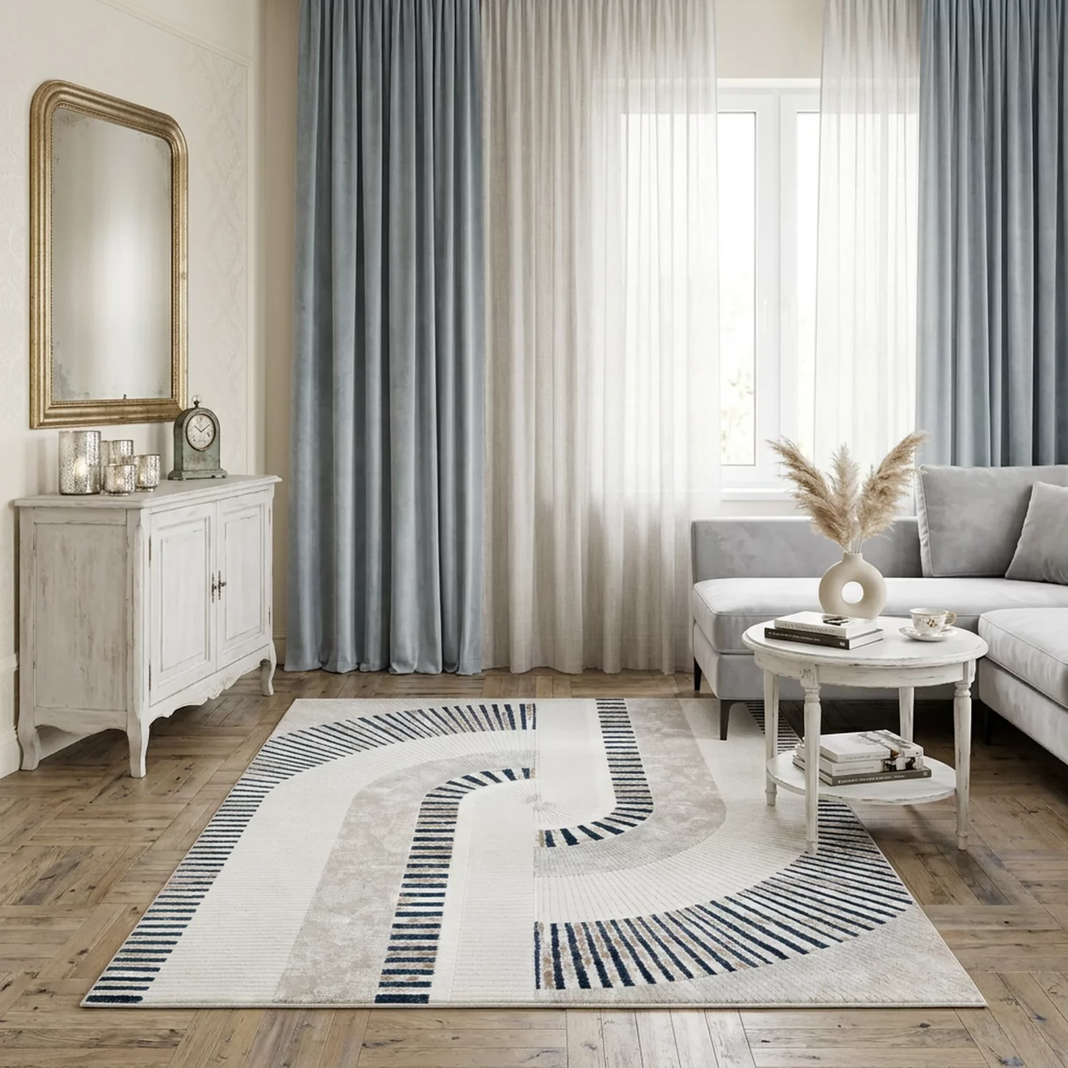 Dywan 160x230 cm kremowo, niebieski z modernistycznym, łukowym wzorem CRYSTAL3