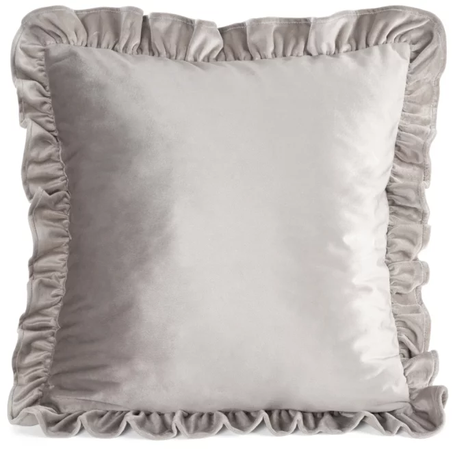 Poszewka na poduszkę 45x45 cm z aksamitnego welwetu ciemnobeżowa zdobiona na brzegach falbanami BRENDA Eurofirany Premium