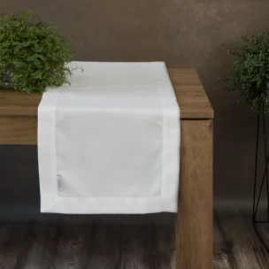 Bieżnik na stół biały 40x140 cm o płóciennym splocie BIANCA 1 z dodatkiem błyszczącej nici wykończony podwójną listwą na brzegach