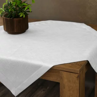 Obrus biały 85x85 cm o płóciennym splocie BIANCA 1 z dodatkiem błyszczącej nici wykończony podwójną listwą na brzegach