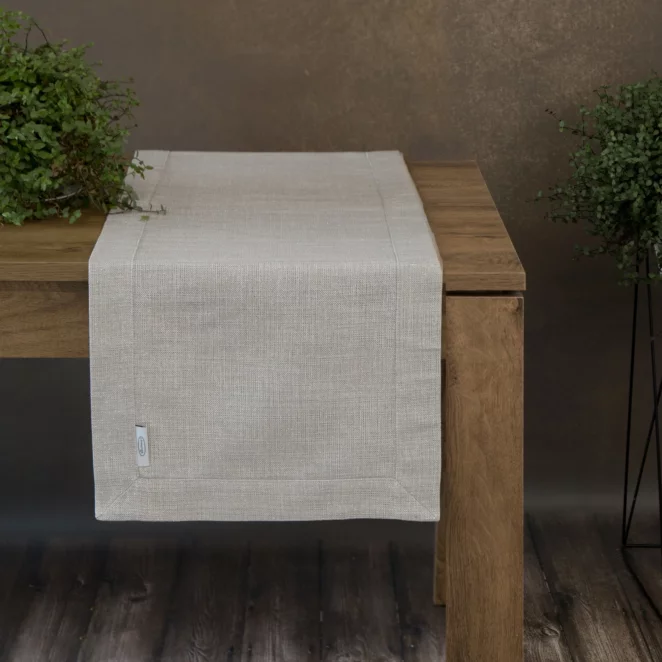Bieżnik na stół srebrny 40x140 cm o płóciennym splocie BIANCA 1 z dodatkiem błyszczącej nici wykończony podwójną listwą na brzegach