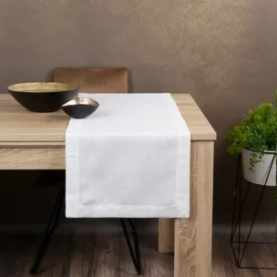 Bieżnik na stół biały 40x140 cm z tkaniny przypominającej płótno STELLA 2 z podwójną listwą na brzegach