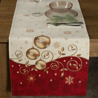 Bieżnik na stół kremowo, czerwony 50x110 cm gobelinowy utkany z miękkiej nici szenilowej z motywem złotych bombek