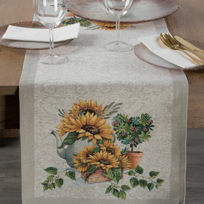 Bieżnik na stół naturalno, żółty 45x140 cm gobelinowy z wzorem kwiatów słonecznika