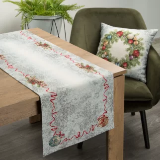 Bieżnik na stół popielato, czerwony 45x140 cm gobelinowy z motywem świątecznym