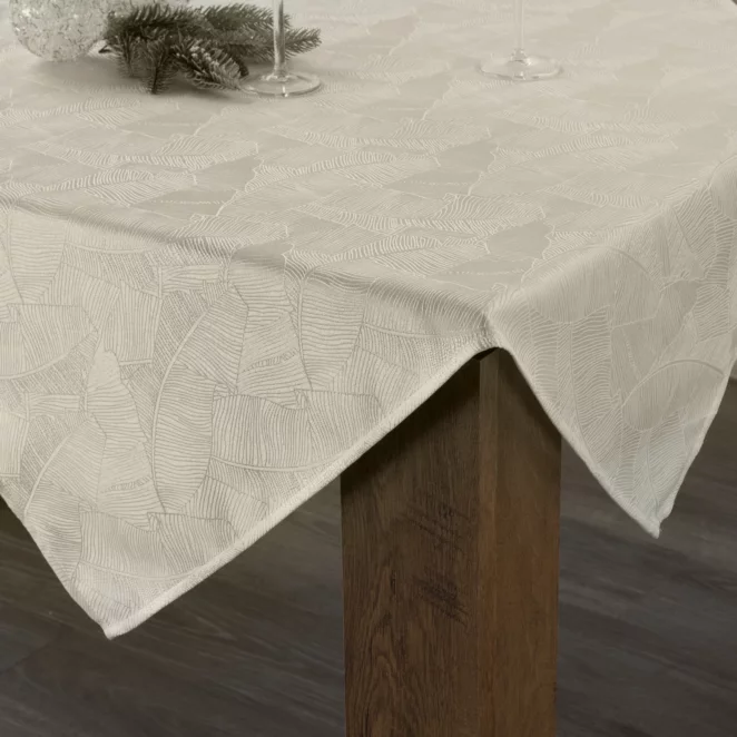 Bieżnik na stół kremowo, biały 40x140 cm ISLA z żakardowym wzorem liści bananowca