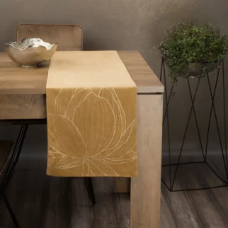 Bieżnik na stół miodowo, złocisty 35x220 cm welwetowy BLINK 12 z dużym wzorem kwiatu lotosu