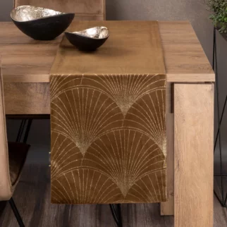 Bieżnik na stół brązowo, złoty 35x180 cm welwetowy BLINK 14 z welwetu z dużym wzorem wachlarzy w stylu art deco