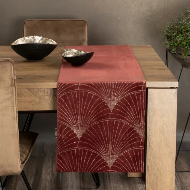 Bieżnik na stół ceglasto, złoty 35x180 cm welwetowy BLINK 14 z dużym wzorem wachlarzy w stylu art deco