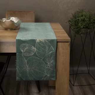Bieżnik na stół ciemnomiętowo, złocisty 35x180 cm welwetowy BLINK 16 z dużym wzorem liści