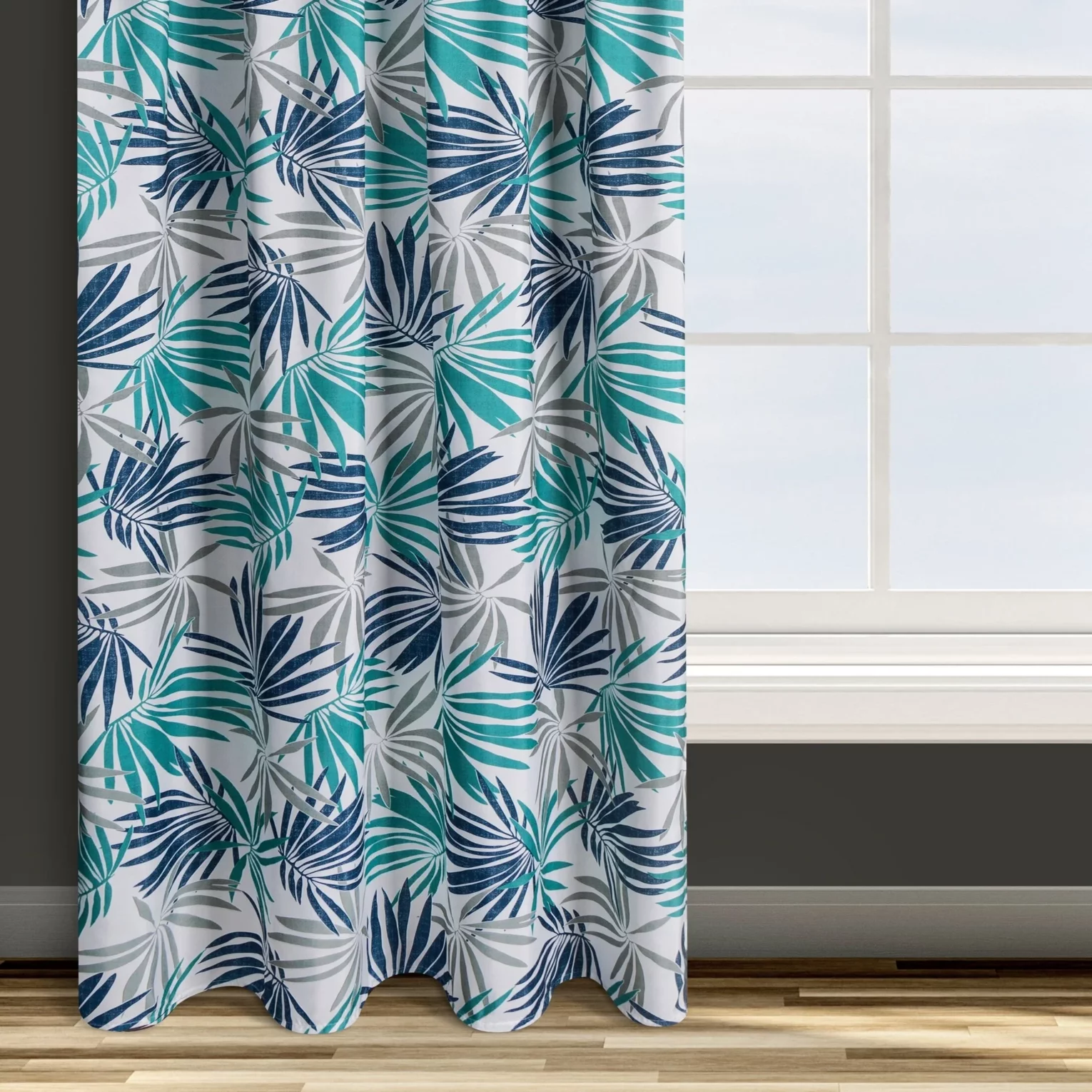 Zasłona biało, turkusowa we wzór liści 140x270 cm taśma - ELINA - Design 91