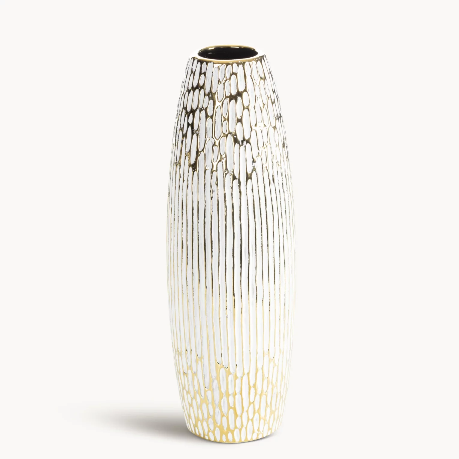 Wazon ceramiczny biało, złoty o ozdobnej fakturze 13x40 cm ANDREA