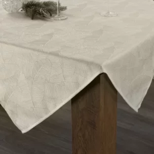 Obrus kremowo, biały 140x300 cm ISLA z żakardowym wzorem liści bananowca