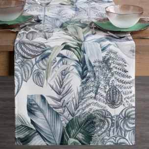 Bieżnik na stół biało, zielony 40x140 cm welwetowy DAVOS zdobiony nadrukiem egzotycznych liści DESIGN 91