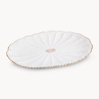 Patera ceramiczna  dekoracyjna kremowo-złota z wypukłym wzorem i złotymi akcentami 36x25x2 cm GAIA